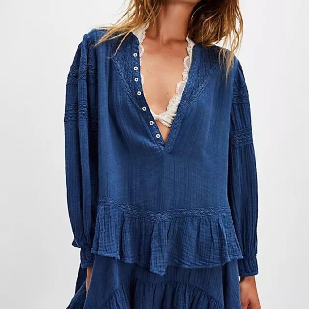 Free People Dahlia Blue Gauze‎ Ruffle Tunic Top Boho Embroidered OB2017246 S kk